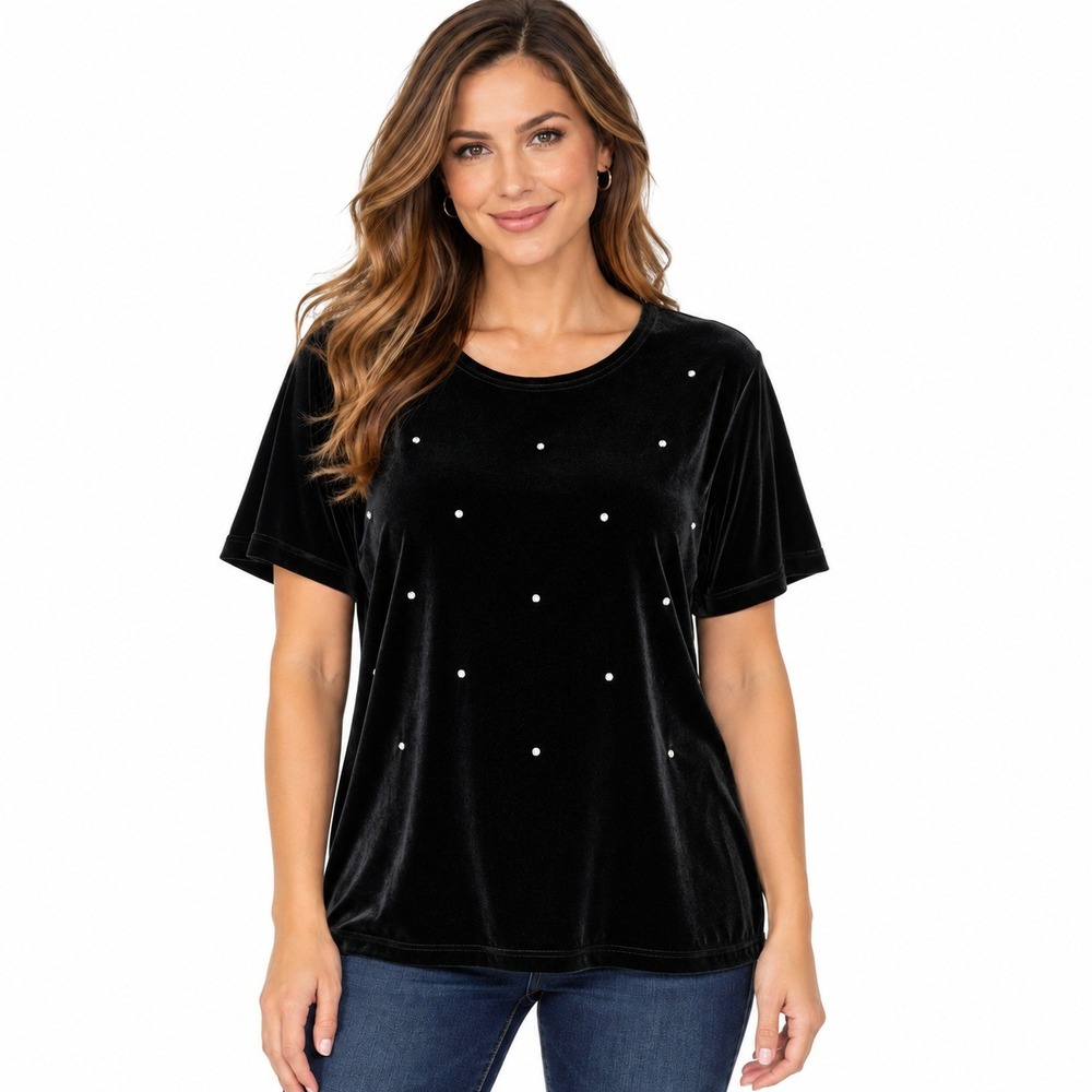 Quacker Factory Black Velvet Rhinestone Short Sleeve Stretch Top 1X Evening Glam